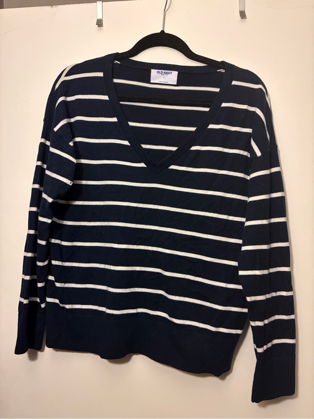 Old Navy Navy and White Striped V-Neck Sweater